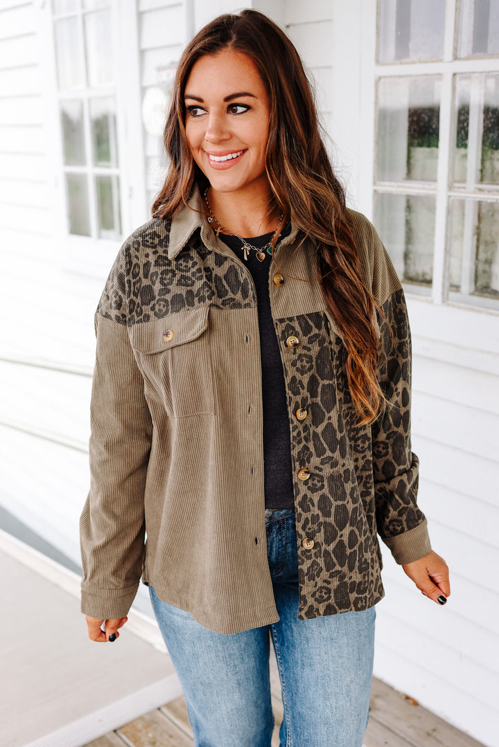 Elara Printed Corduroy Shacket - Olive