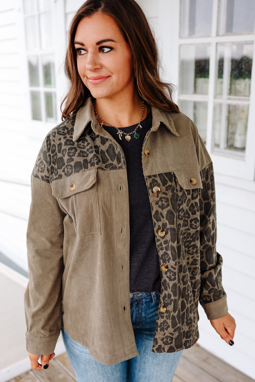 Elara Printed Corduroy Shacket - Olive