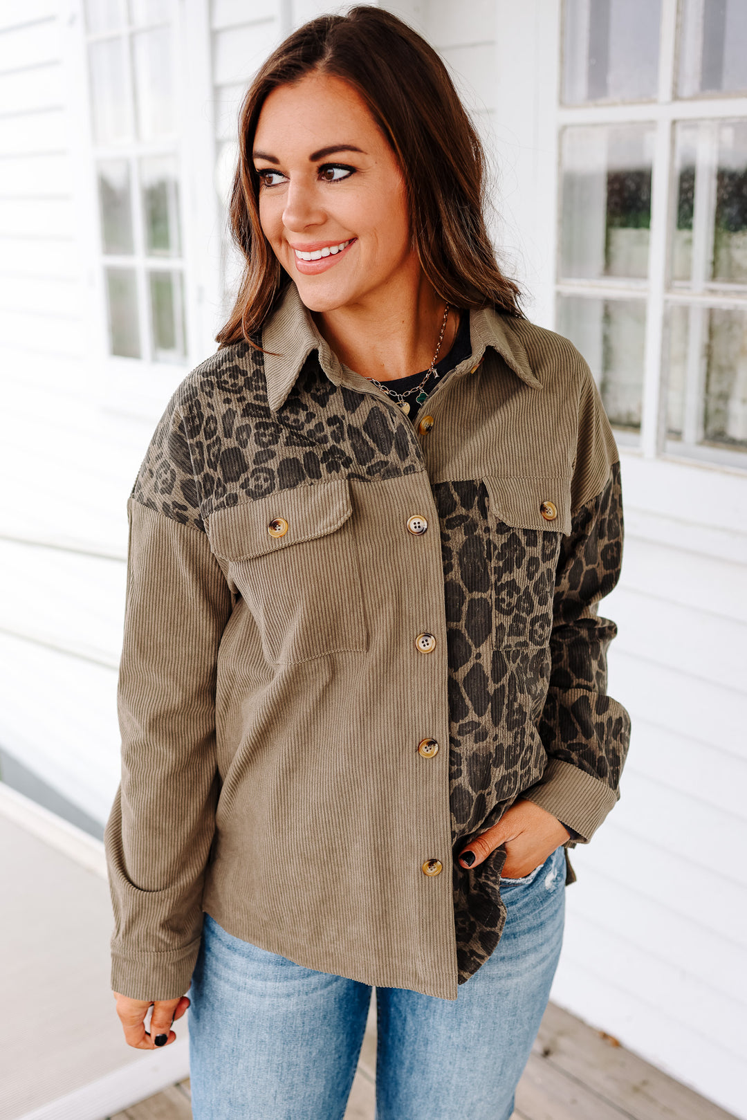 Elara Printed Corduroy Shacket - Olive