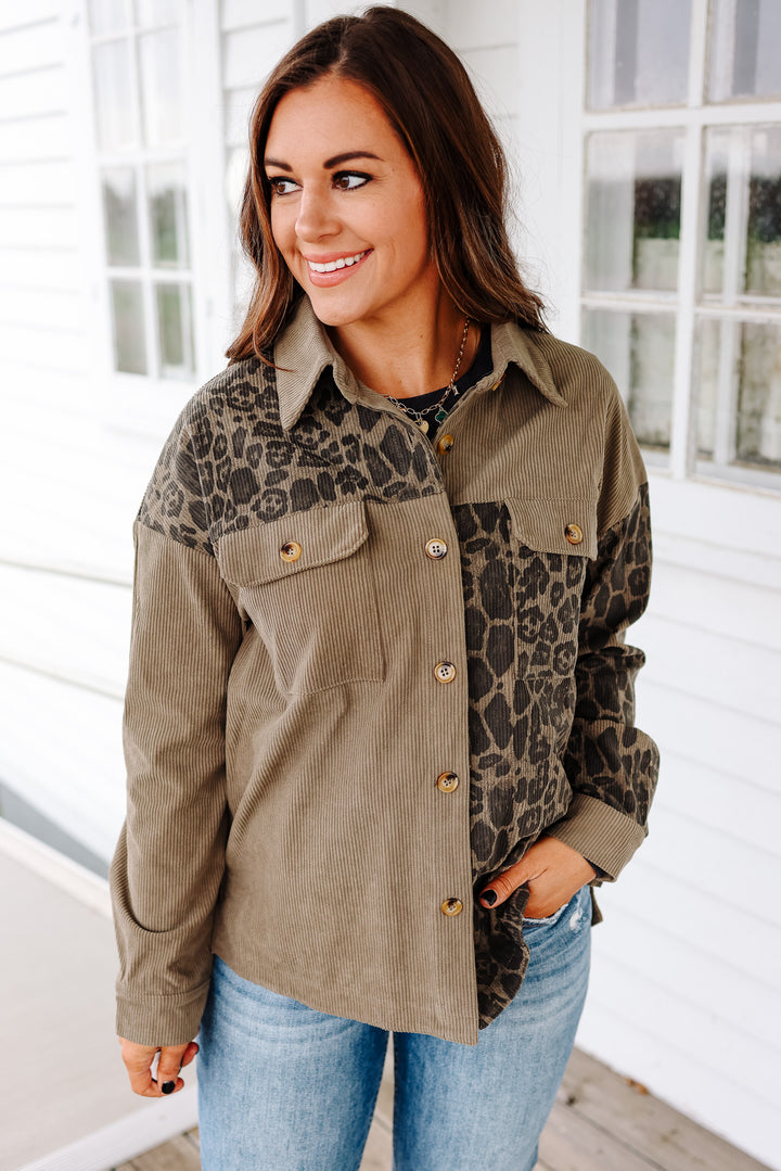 Elara Printed Corduroy Shacket - Olive