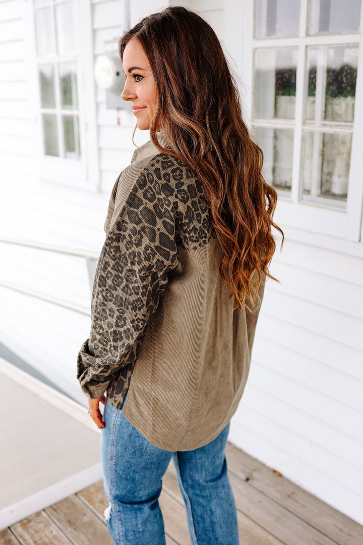 Elara Printed Corduroy Shacket - Olive