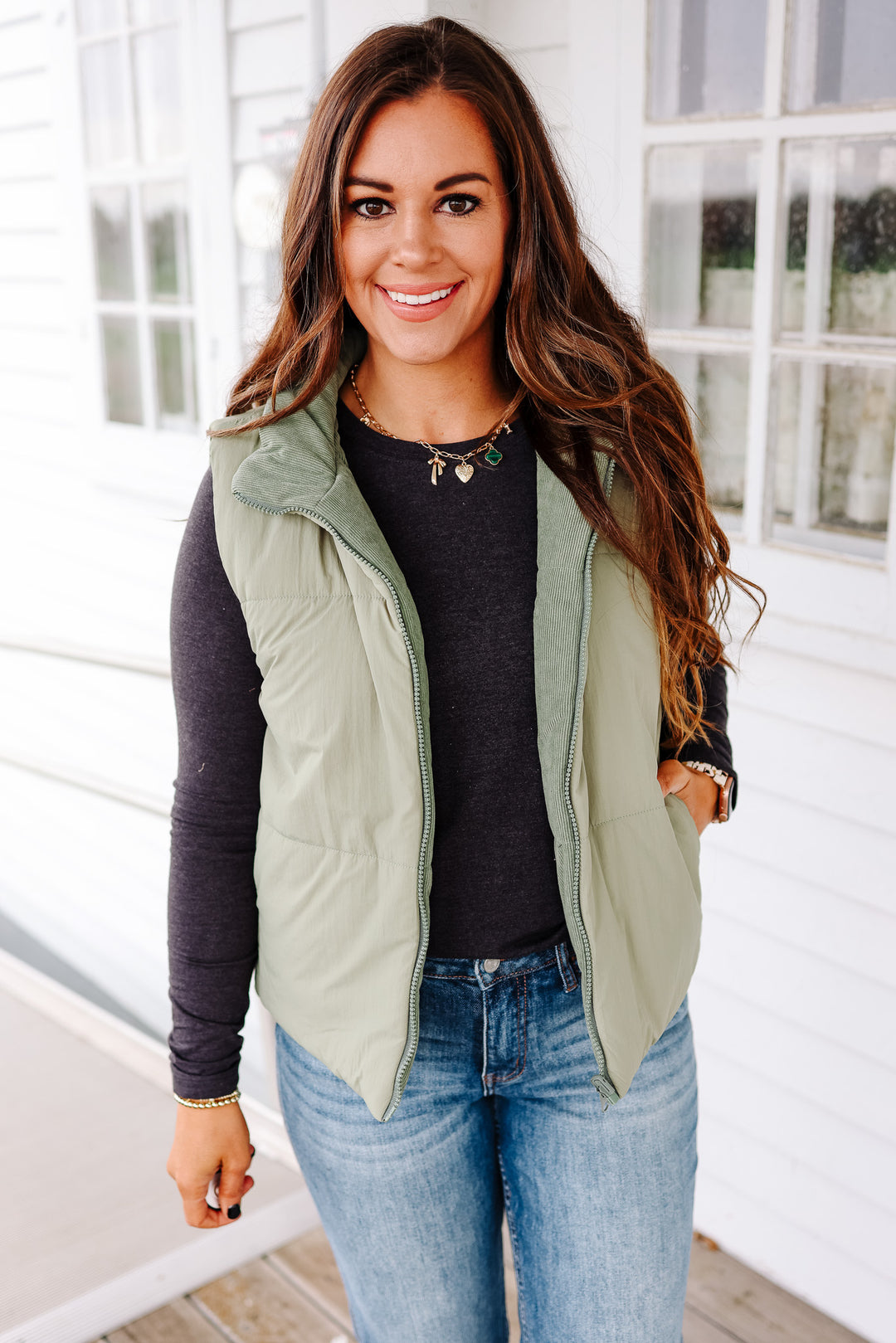 Brinley Corduroy Reversible Puffer Vest - Sage