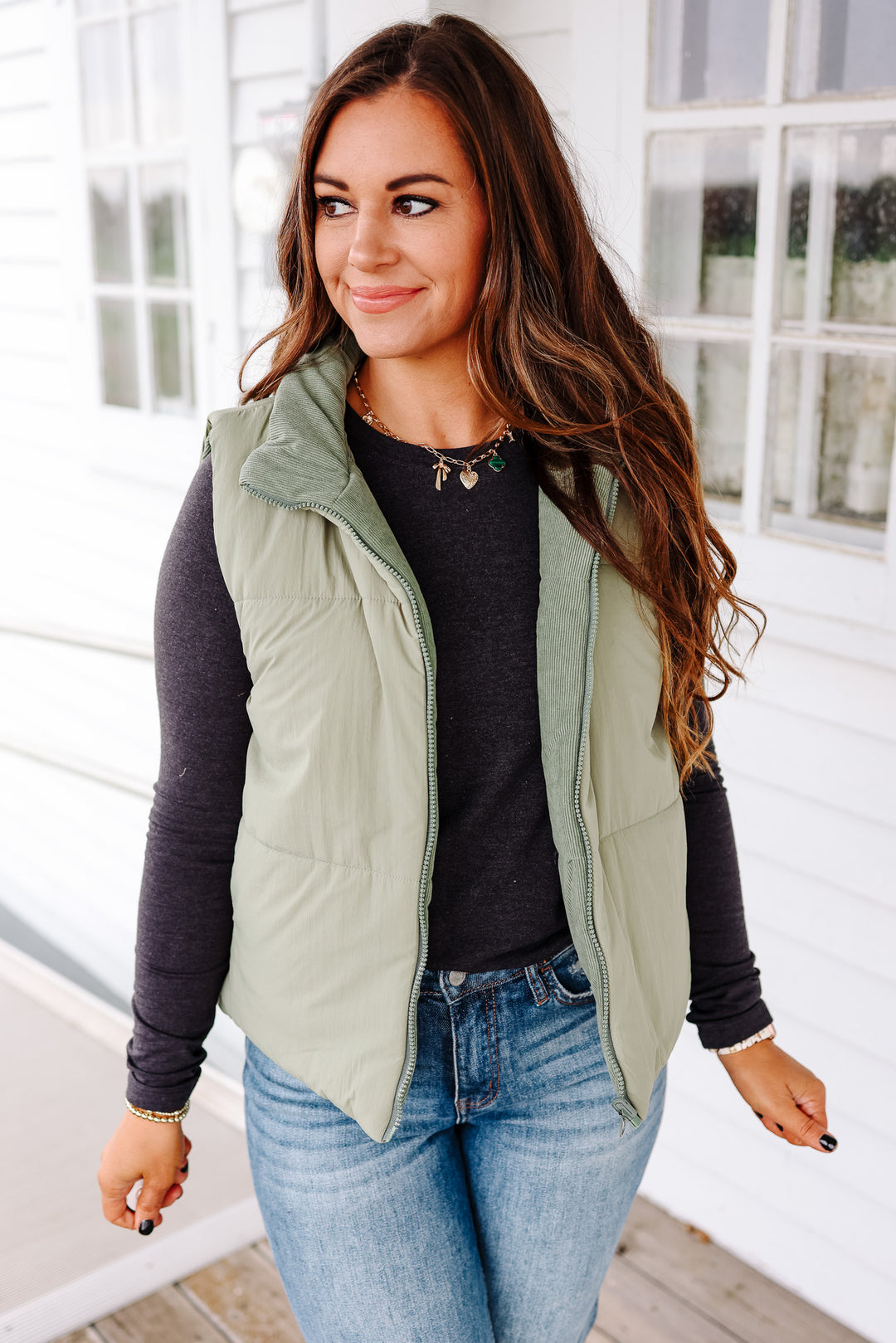 Brinley Corduroy Reversible Puffer Vest - Sage
