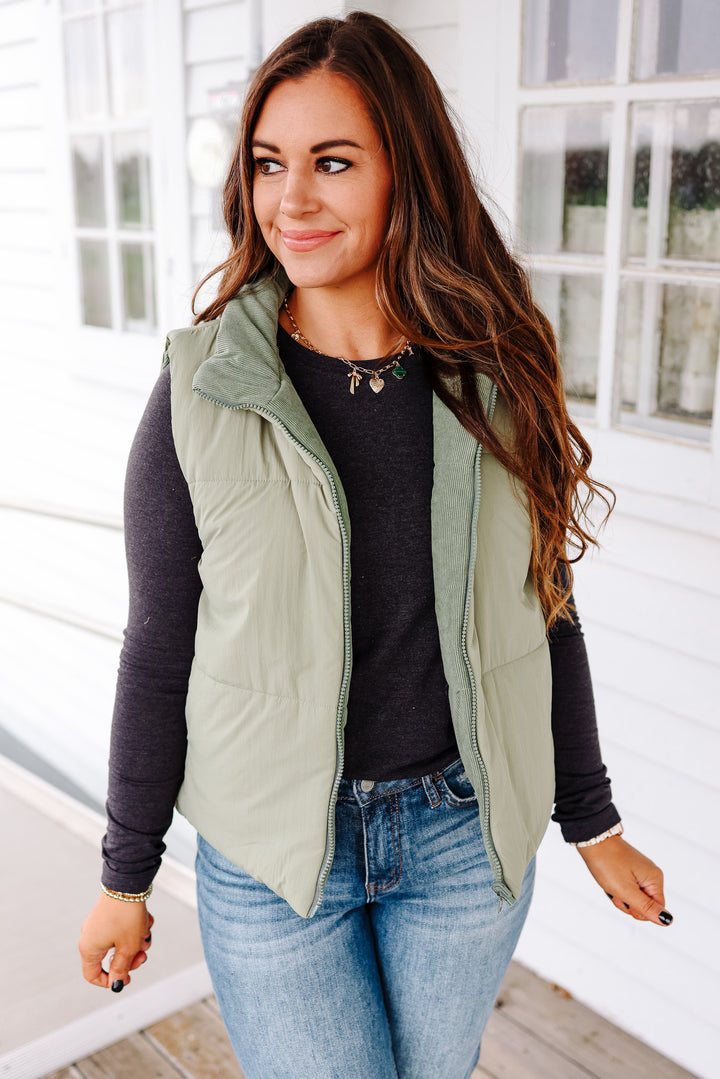 Brinley Corduroy Reversible Puffer Vest - Sage