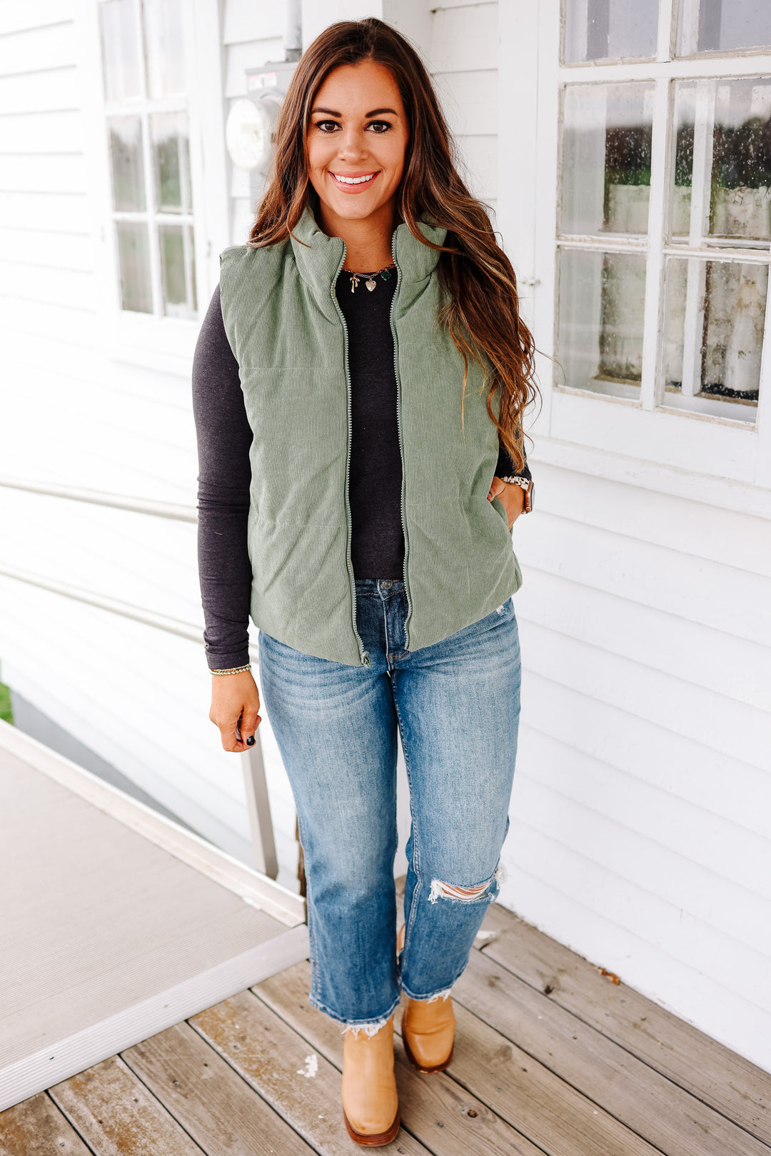 Brinley Corduroy Reversible Puffer Vest - Sage