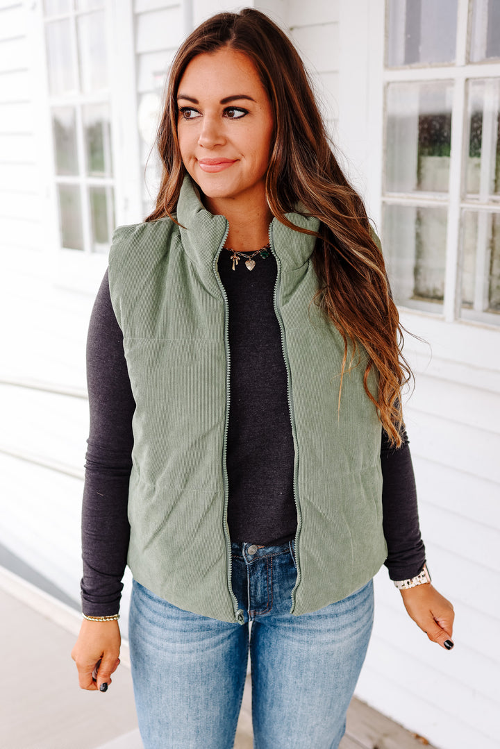 Brinley Corduroy Reversible Puffer Vest - Sage