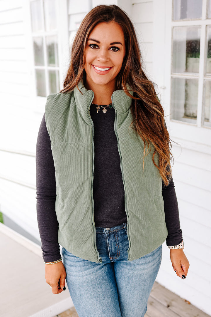 Brinley Corduroy Reversible Puffer Vest - Sage