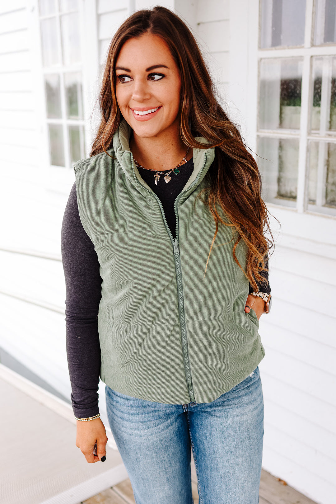 Brinley Corduroy Reversible Puffer Vest - Sage