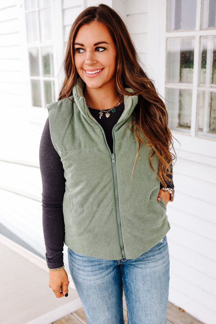 Brinley Corduroy Reversible Puffer Vest - Sage