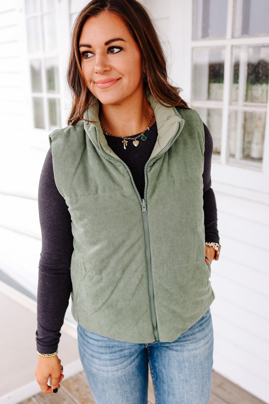 Brinley Corduroy Reversible Puffer Vest - Sage