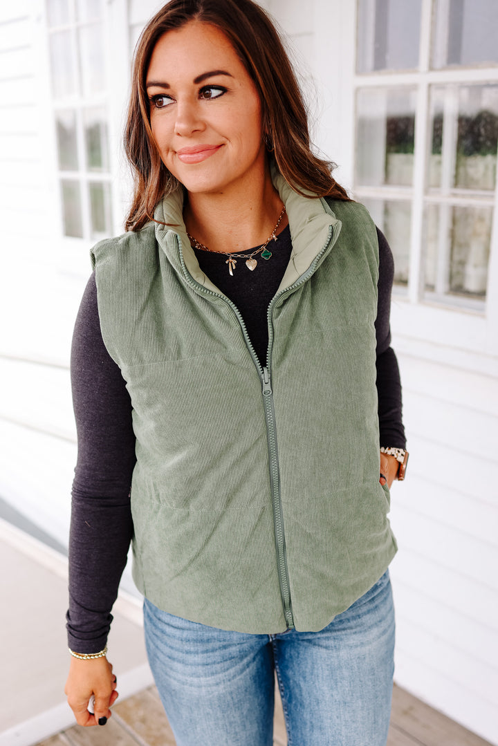 Brinley Corduroy Reversible Puffer Vest - Sage
