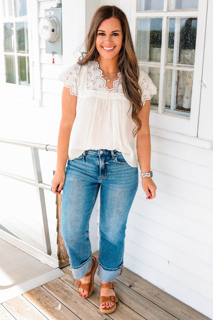 RISEN: Drake High Rise Straight Cuffed Hem Jeans
