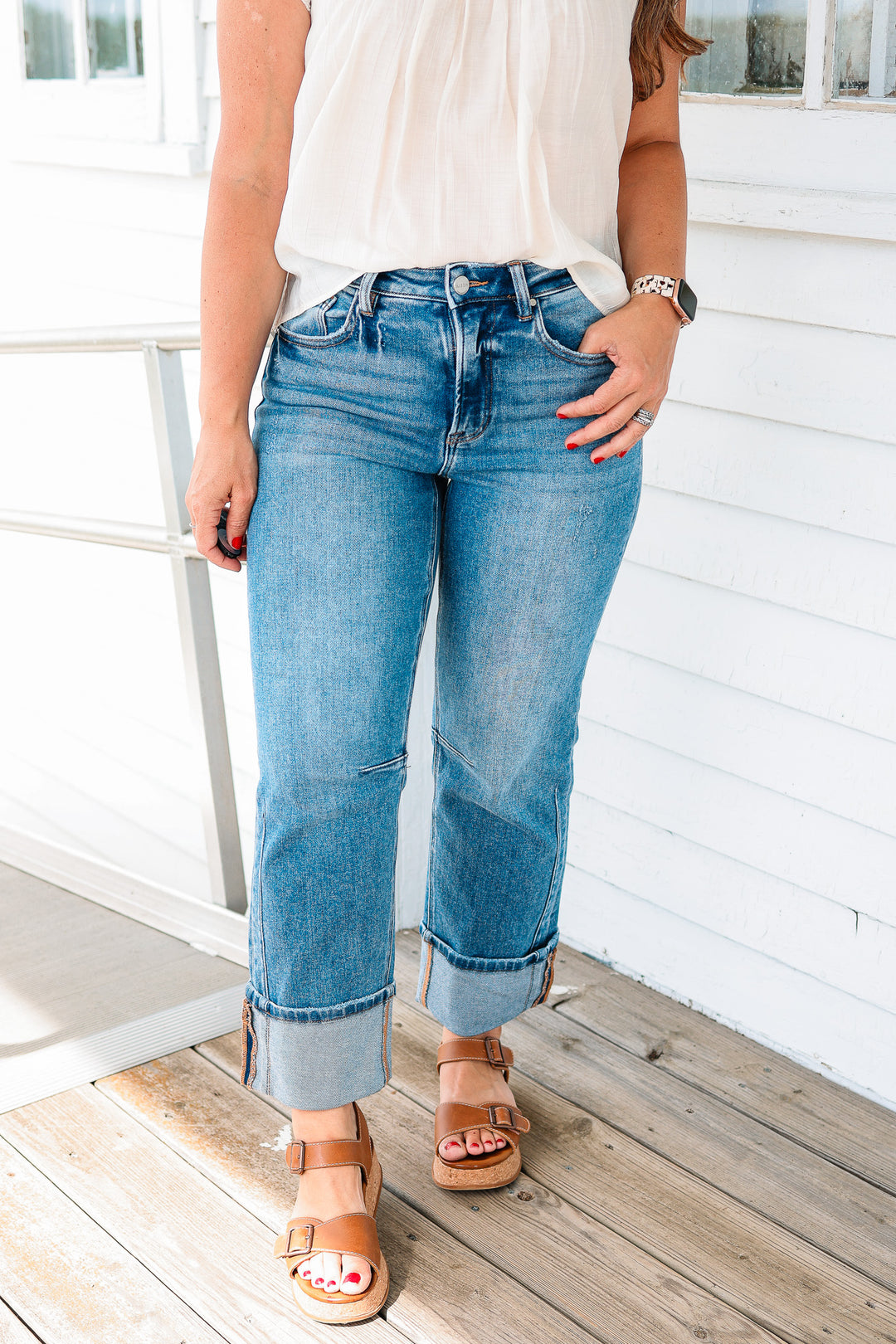 RISEN: Drake High Rise Straight Cuffed Hem Jeans