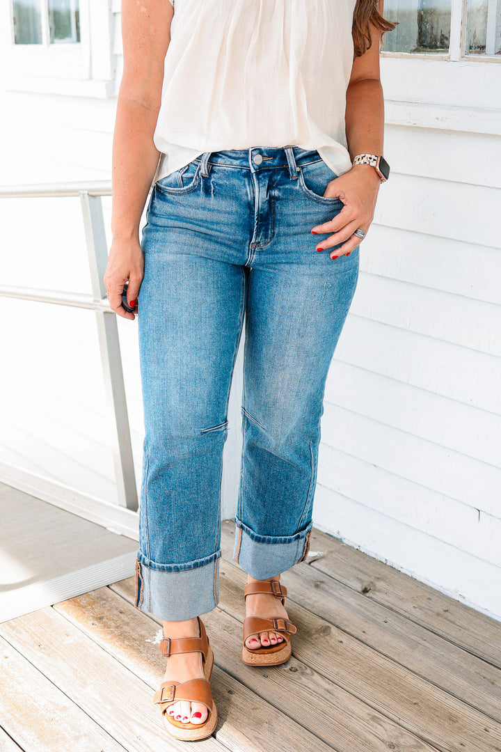 RISEN: Drake High Rise Straight Cuffed Hem Jeans