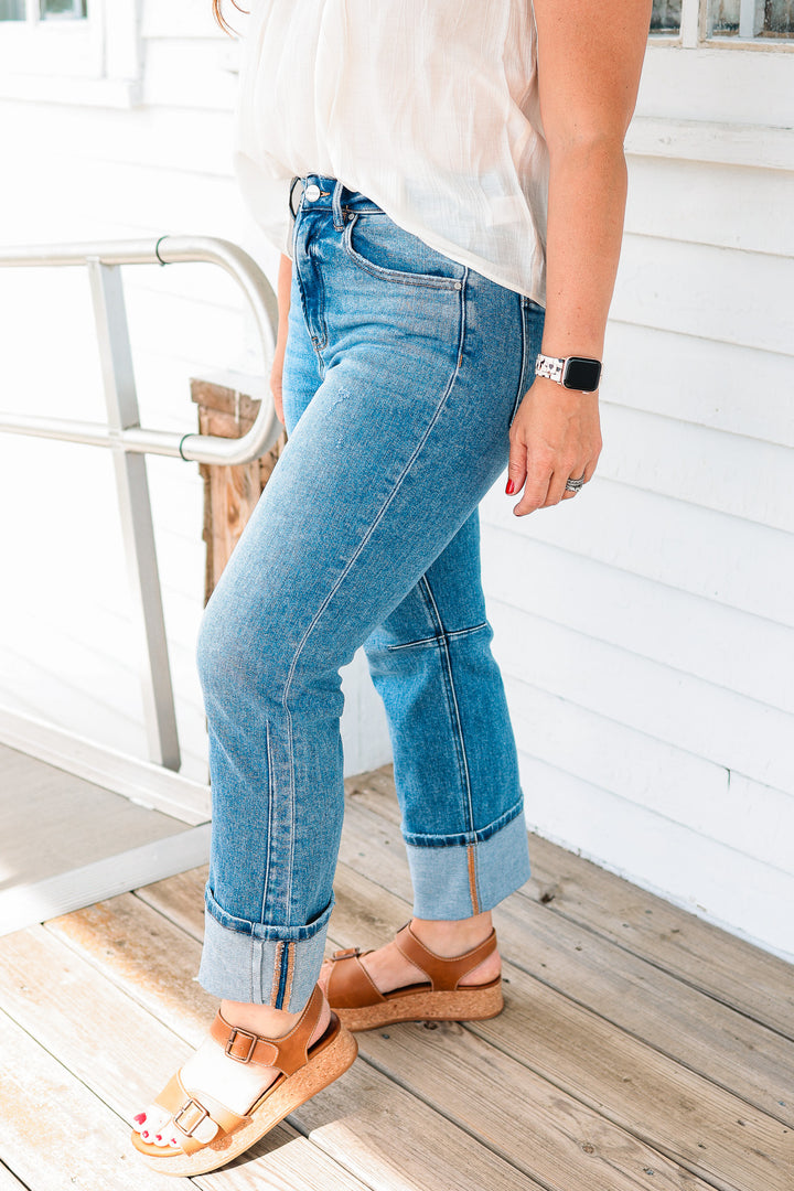 RISEN: Drake High Rise Straight Cuffed Hem Jeans
