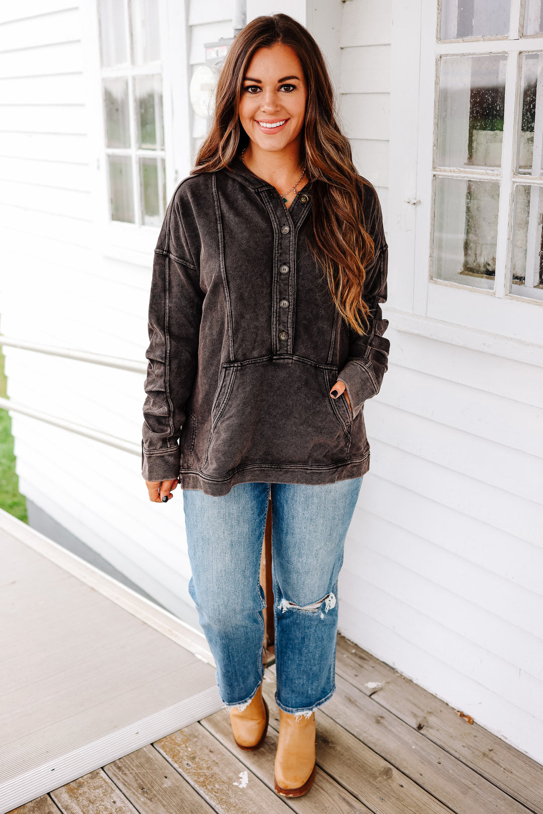 Elowyn Washed Tunic Hooded Top - Black