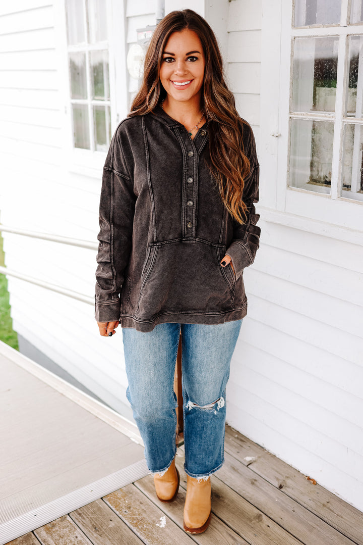 Elowyn Washed Tunic Hooded Top - Black
