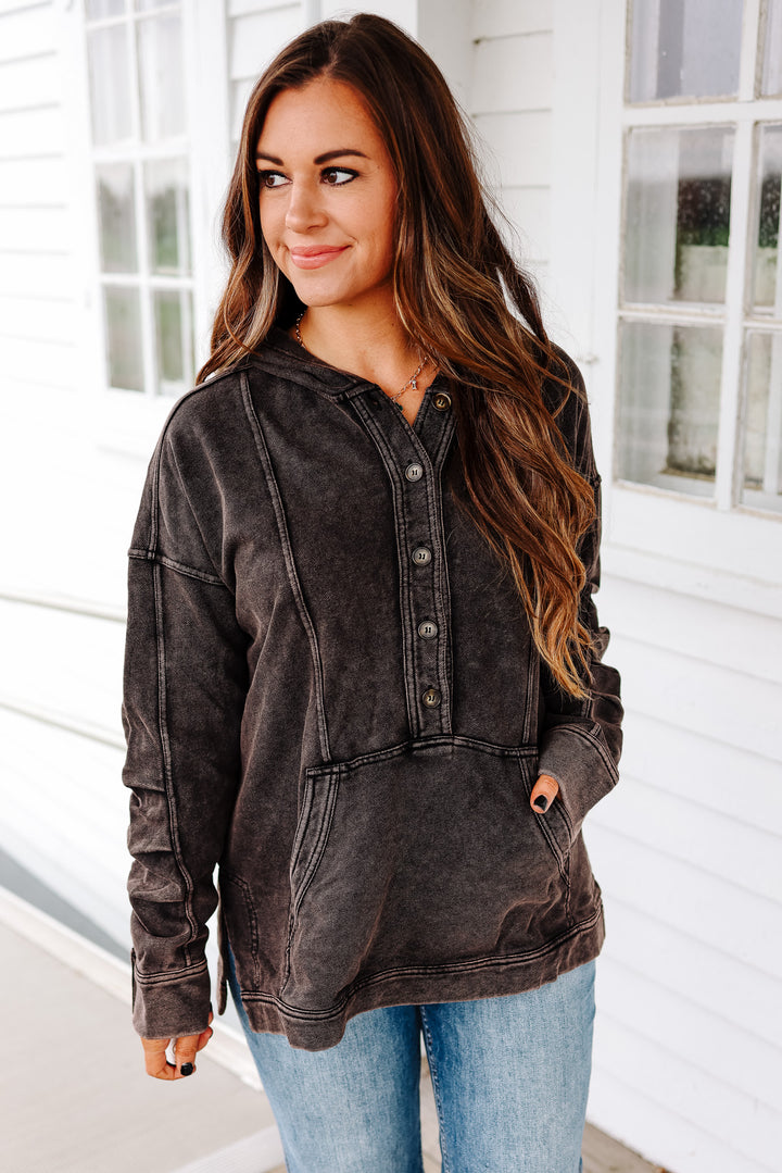 Elowyn Washed Tunic Hooded Top - Black