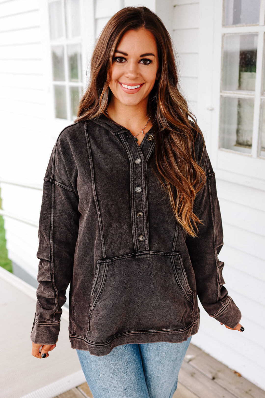 Elowyn Washed Tunic Hooded Top - Black