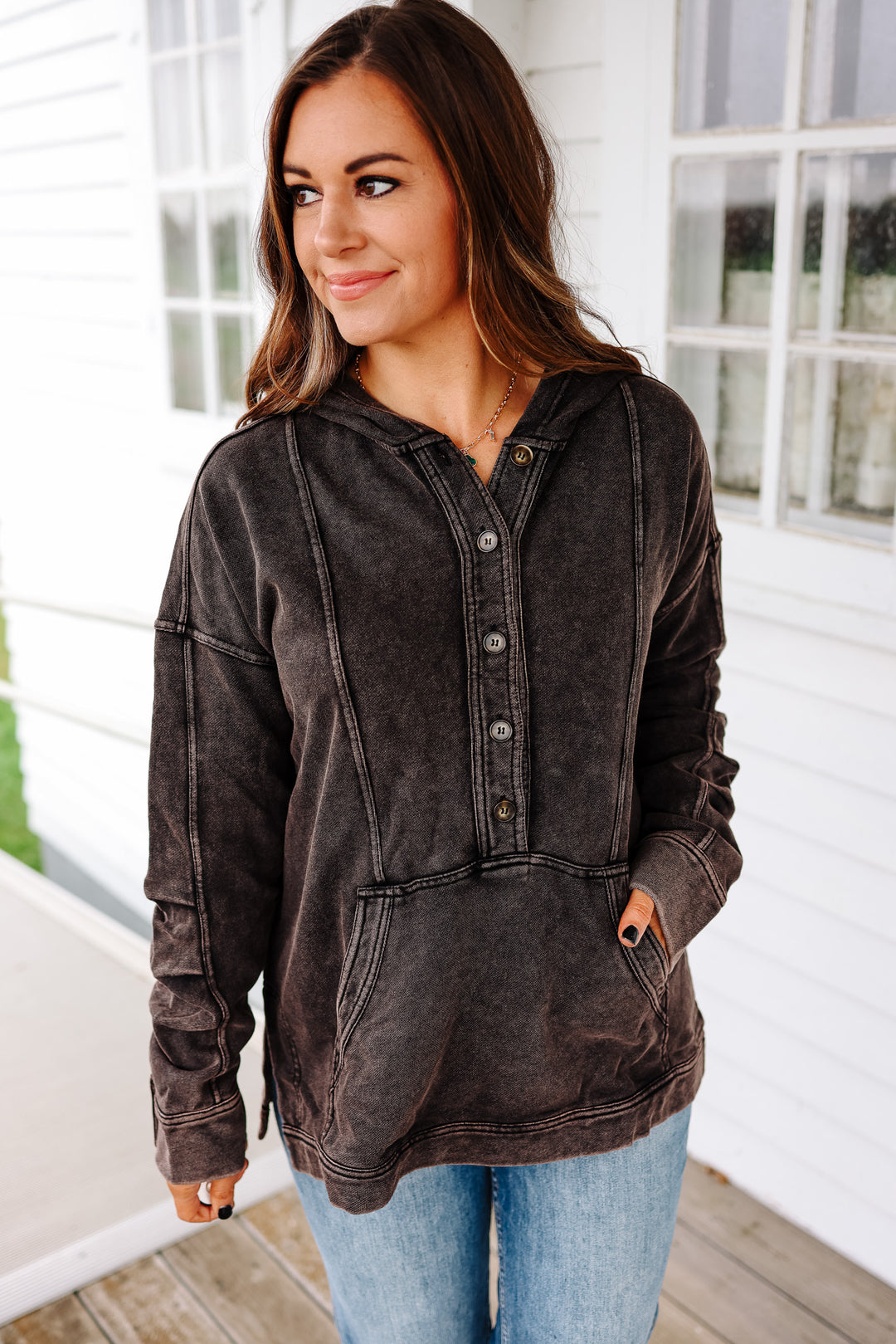 Elowyn Washed Tunic Hooded Top - Black