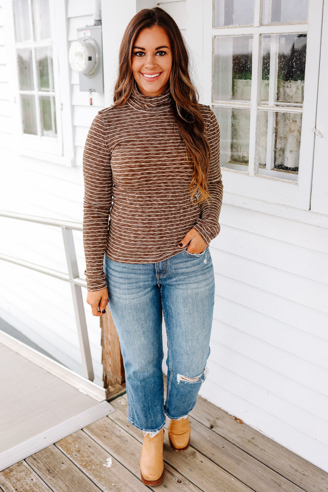 Talia Stripe Turtleneck Long Sleeve - Brown