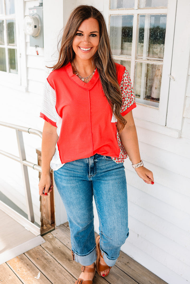 Melody V Neck Pocket Top - Red