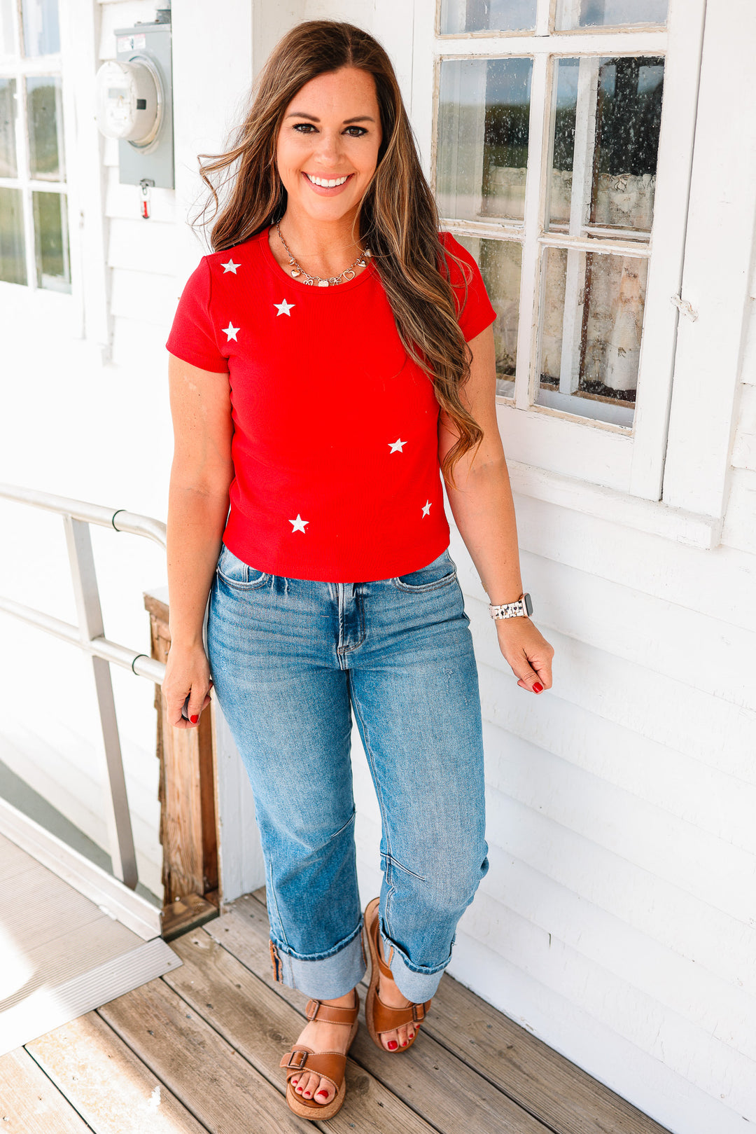 Lena Embroidered Star Ribbed Tee - Red