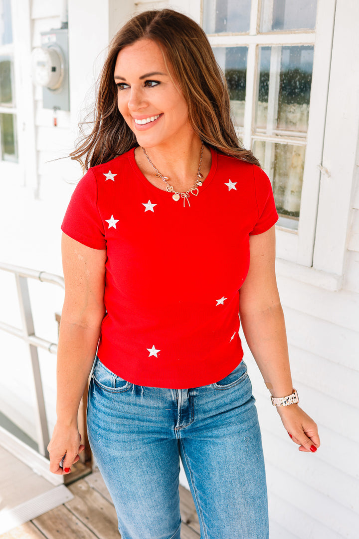 Lena Embroidered Star Ribbed Tee - Red