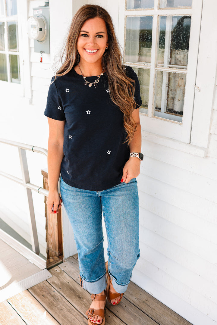 Nadia Star Embroidered Cotton Tee - Navy