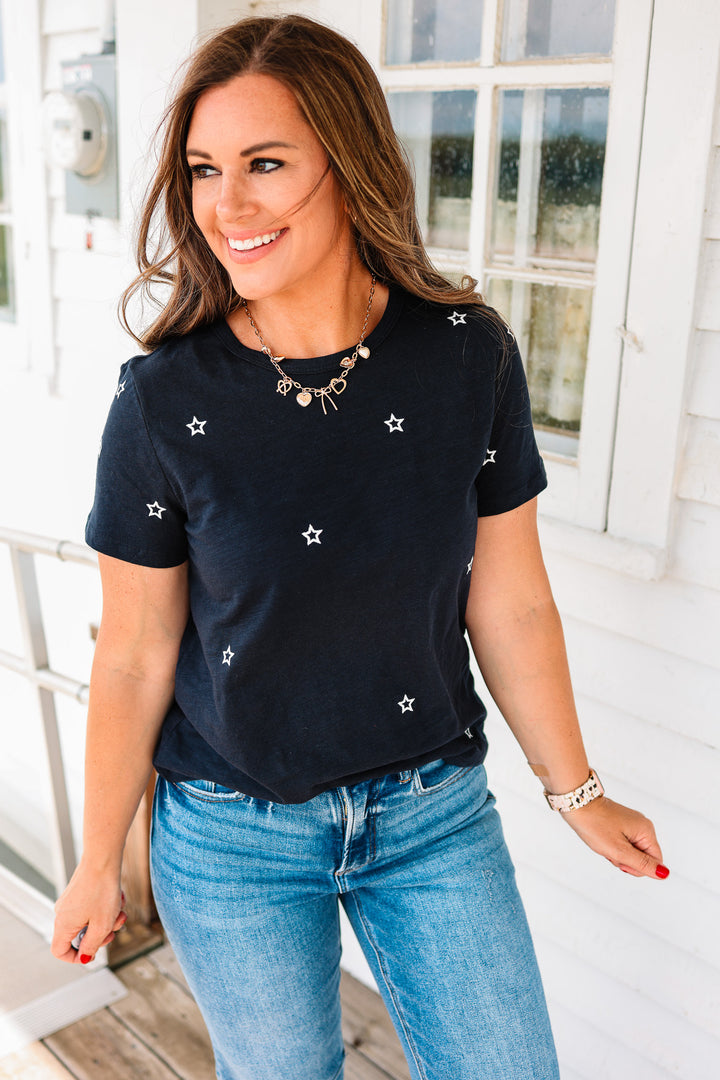 Nadia Star Embroidered Cotton Tee - Navy