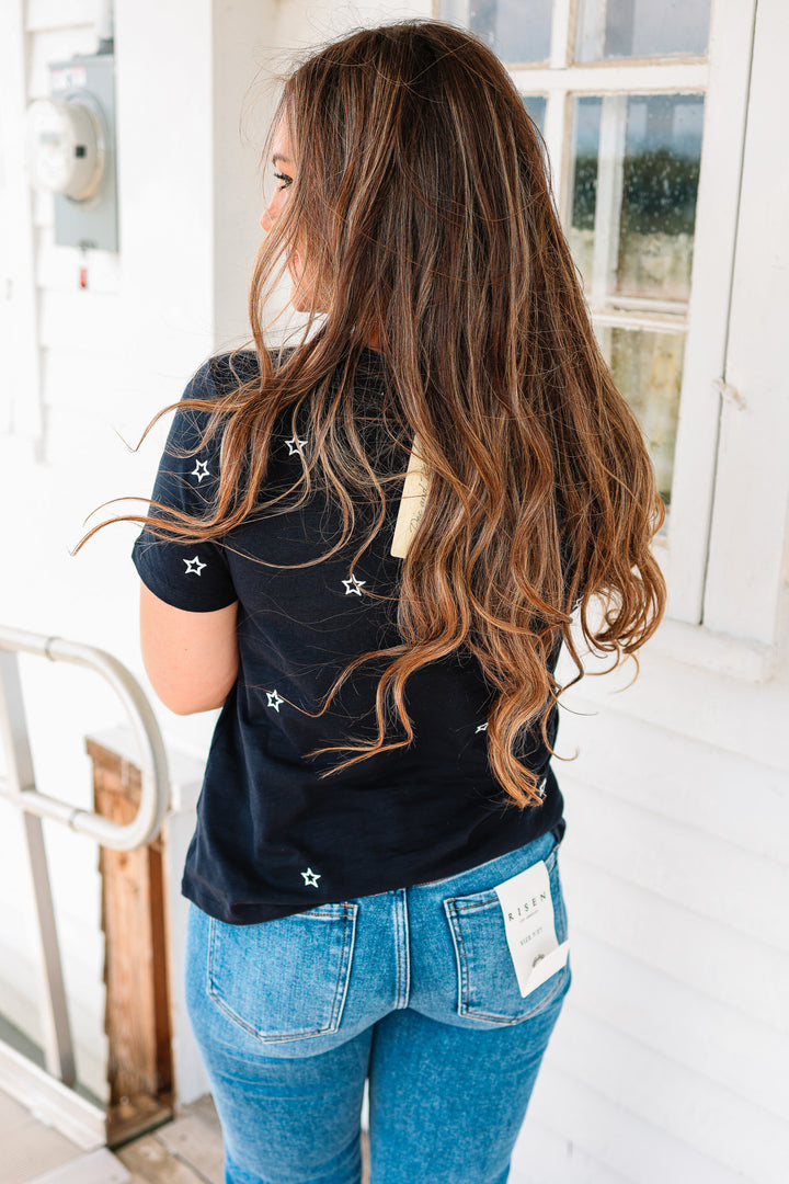 Nadia Star Embroidered Cotton Tee - Navy