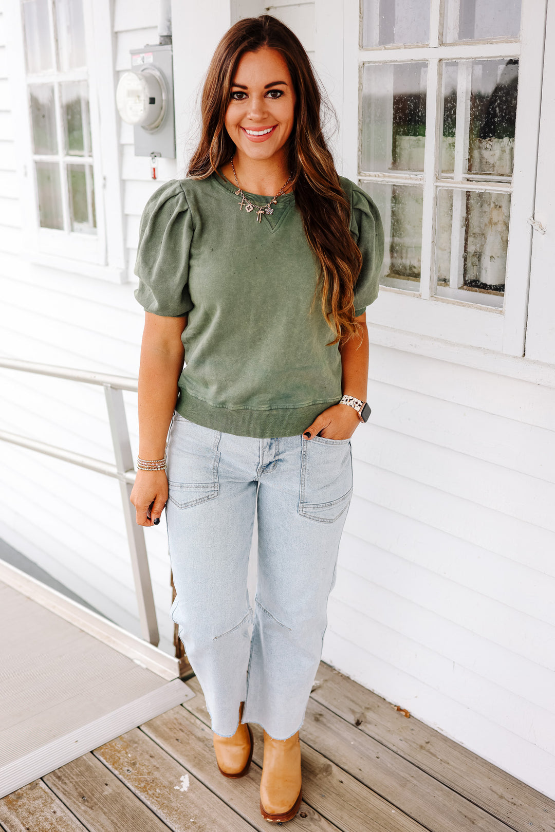 Alma Pleated Sweatshirt Tee - Olive