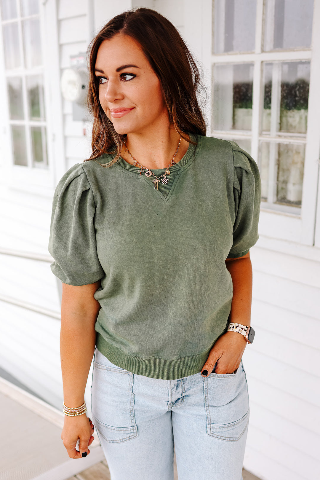 Alma Pleated Sweatshirt Tee - Olive