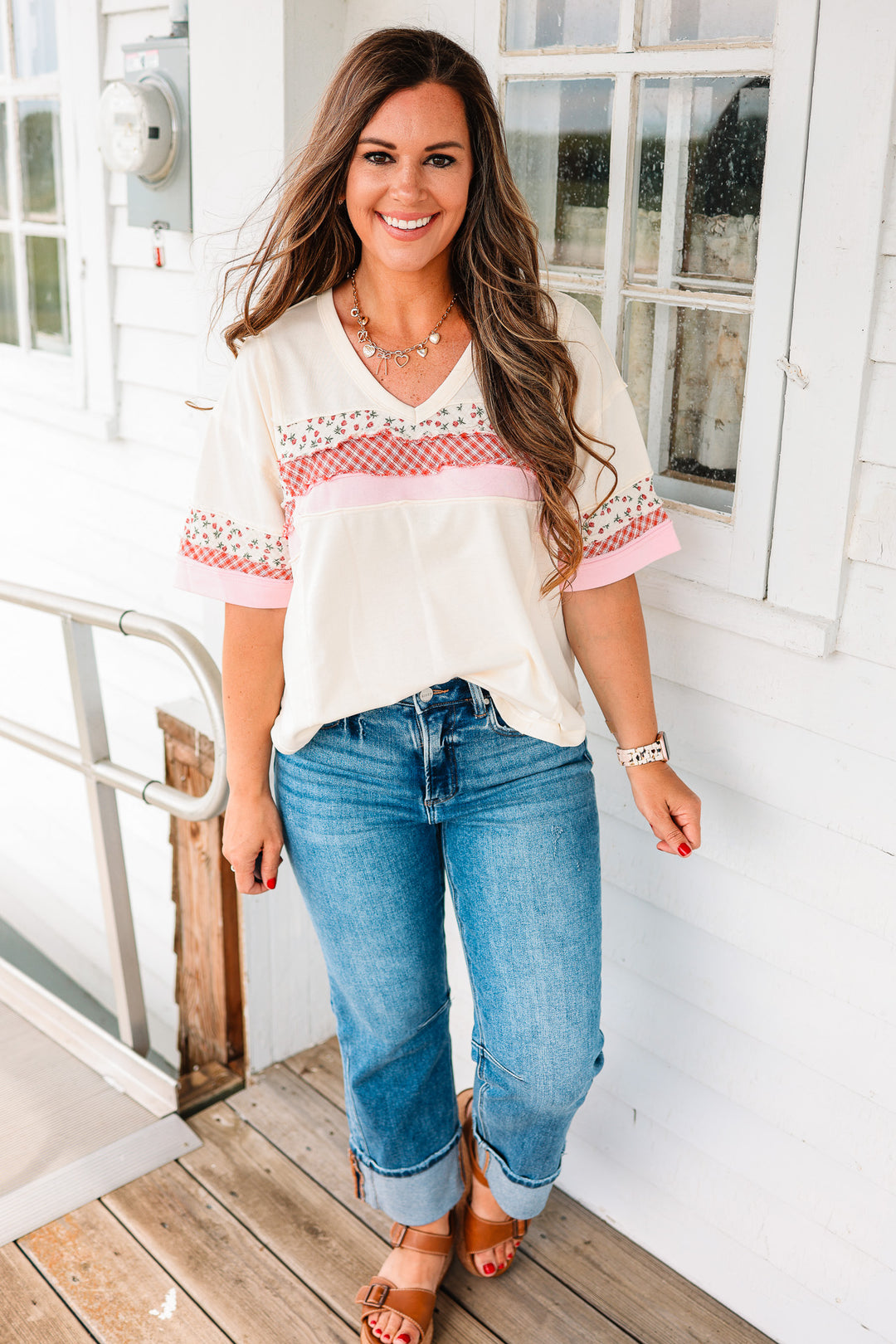 Grace Mixed Fabric V Neck Top