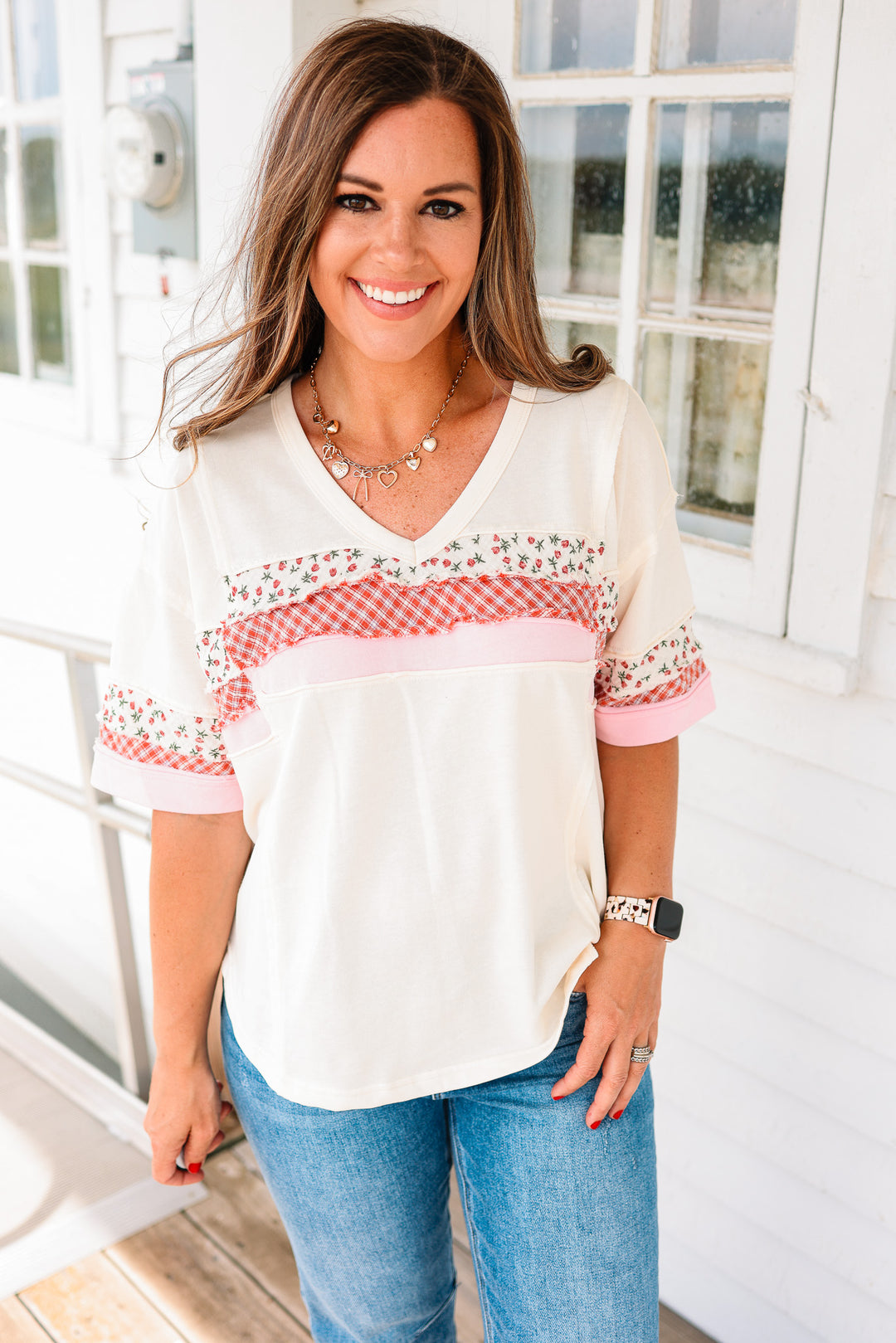 Grace Mixed Fabric V Neck Top