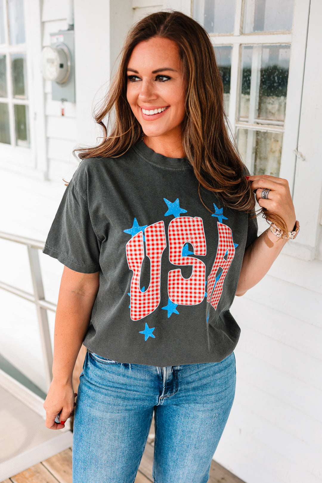 Gingham USA & Stars Graphic Tee - Pepper