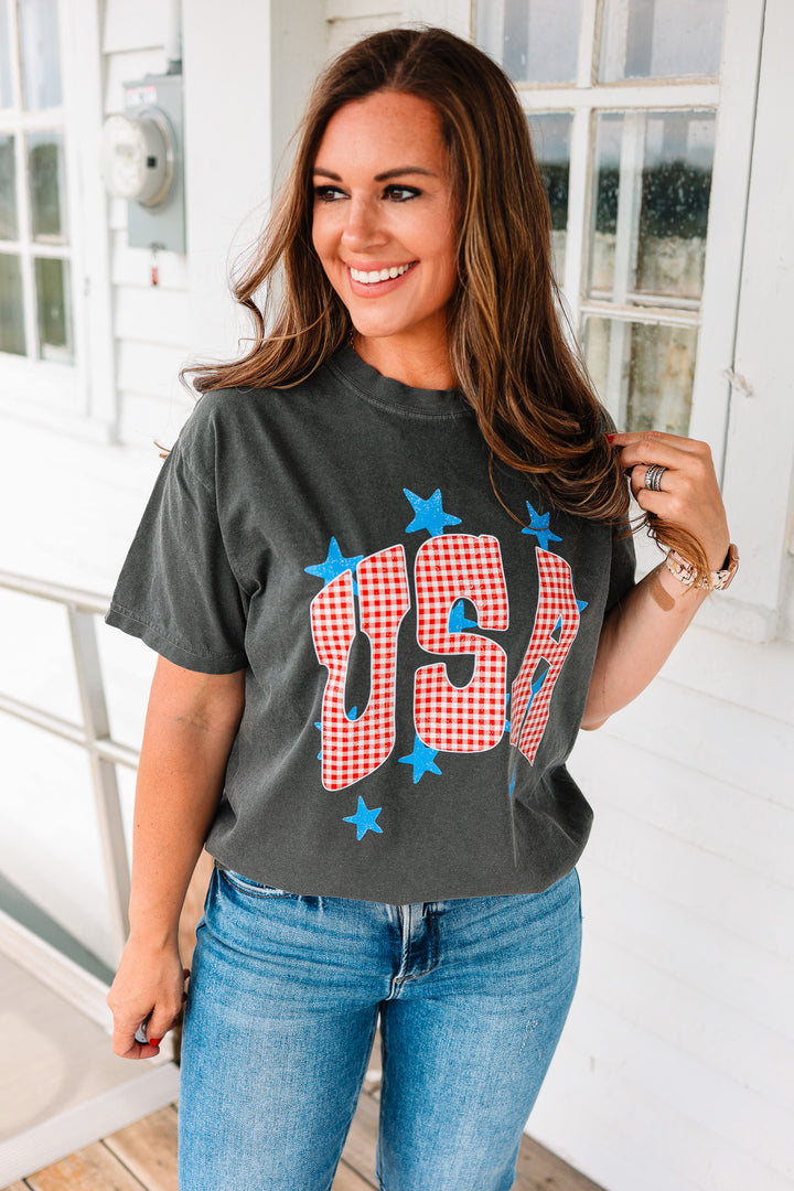 Gingham USA & Stars Graphic Tee - Pepper