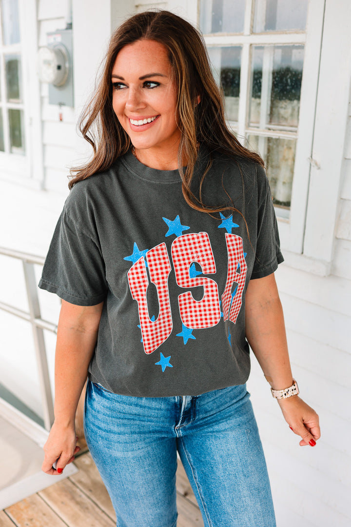 Gingham USA & Stars Graphic Tee - Pepper