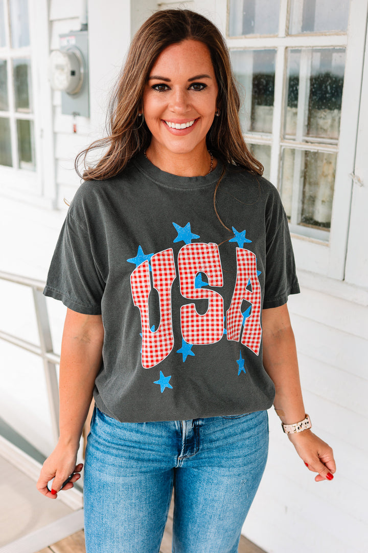 Gingham USA & Stars Graphic Tee - Pepper