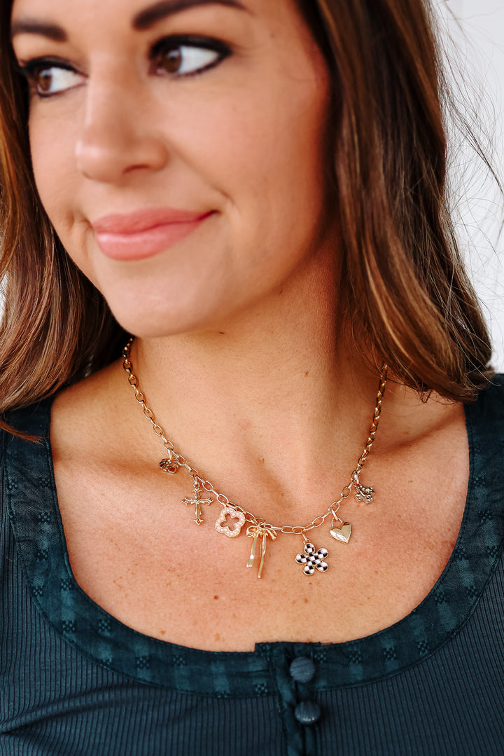Clover Bow Checker Flower Heart Charm Necklace