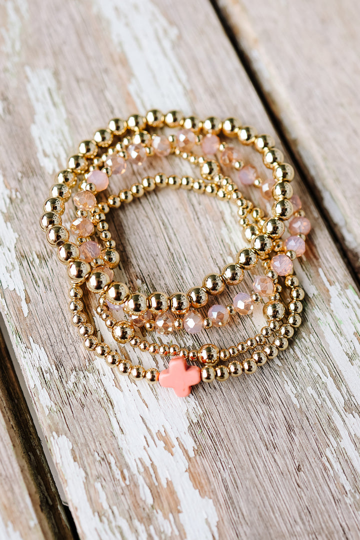 Boho Beaded Stretch Bracelet Set - Pink