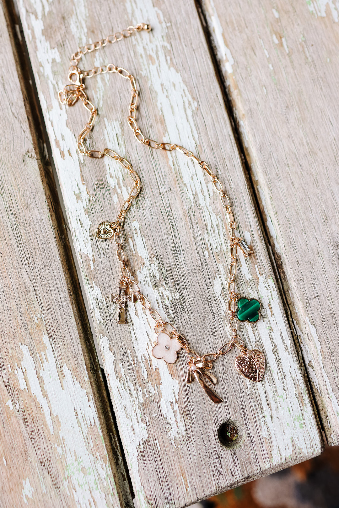 Green Clover Bow Cross Heart Charm Necklace