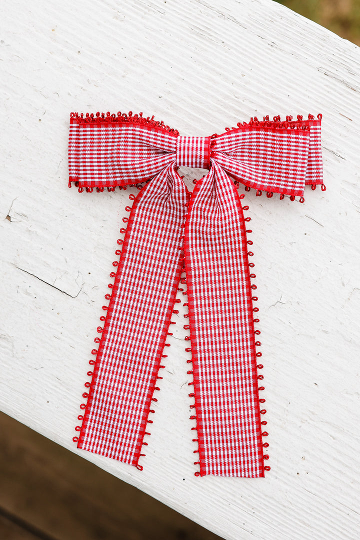Gingham Bow Hair Clip - Red