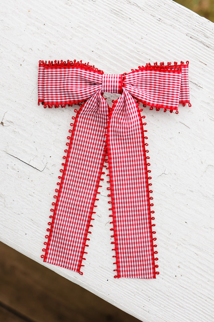 Gingham Bow Hair Clip - Red
