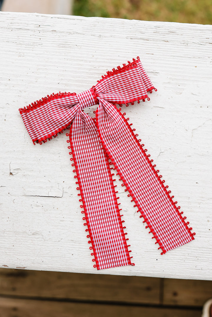 Gingham Bow Hair Clip - Red