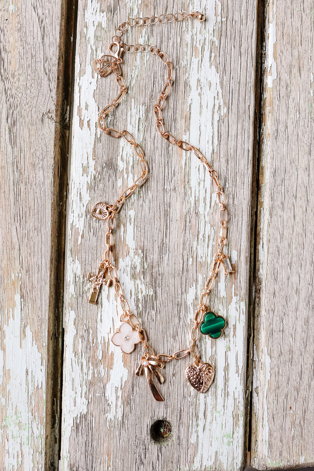 Green Clover Bow Cross Heart Charm Necklace