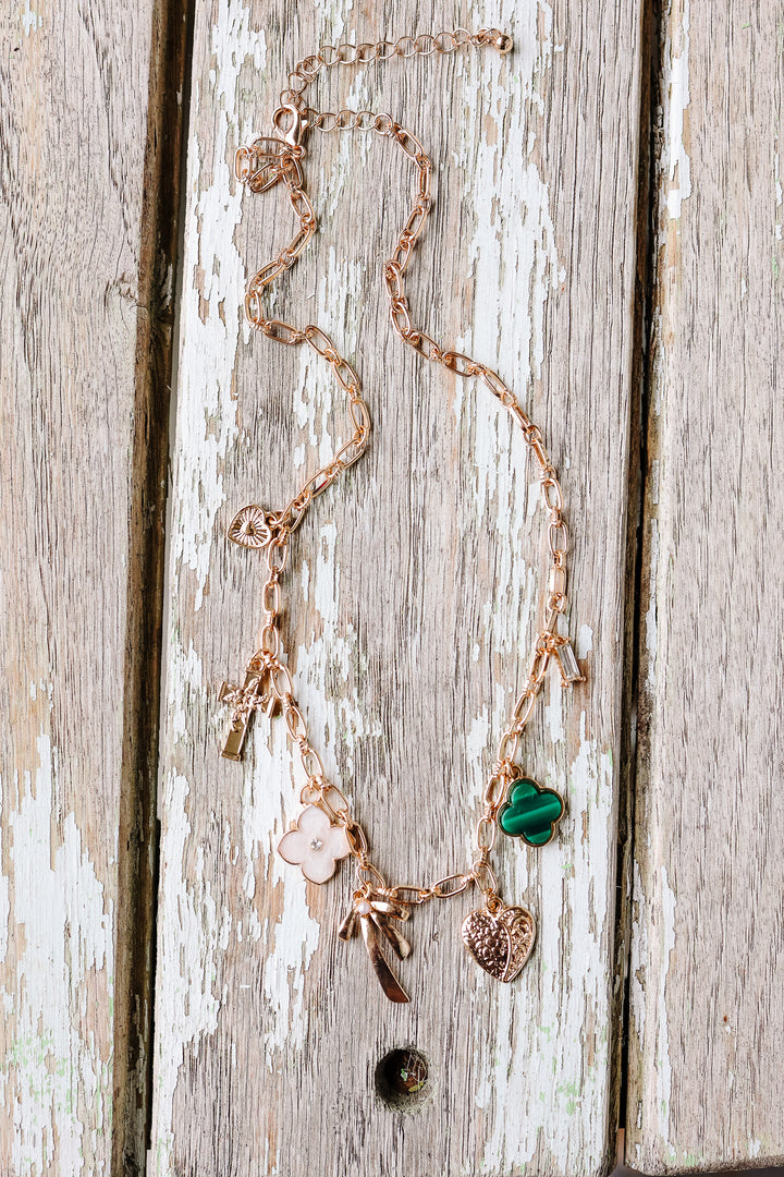 Green Clover Bow Cross Heart Charm Necklace