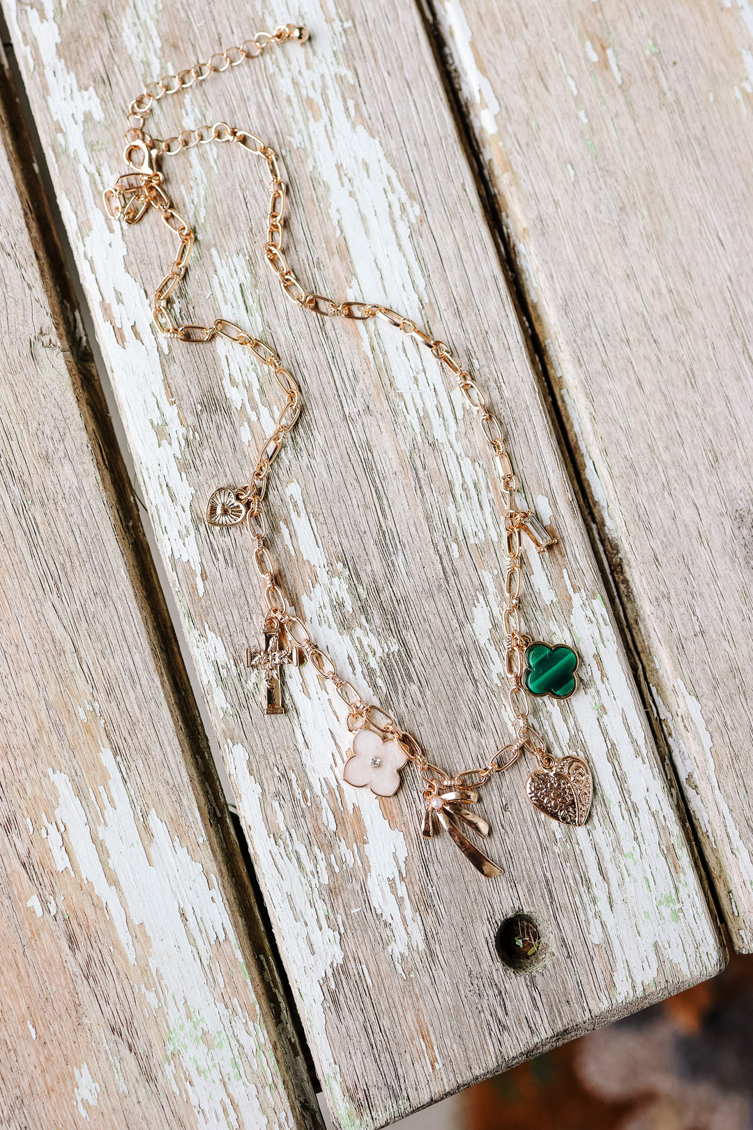 Green Clover Bow Cross Heart Charm Necklace