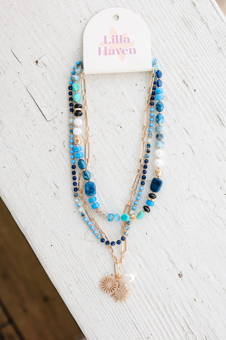 Sun and Pearl Charms Layered Necklace - Blue