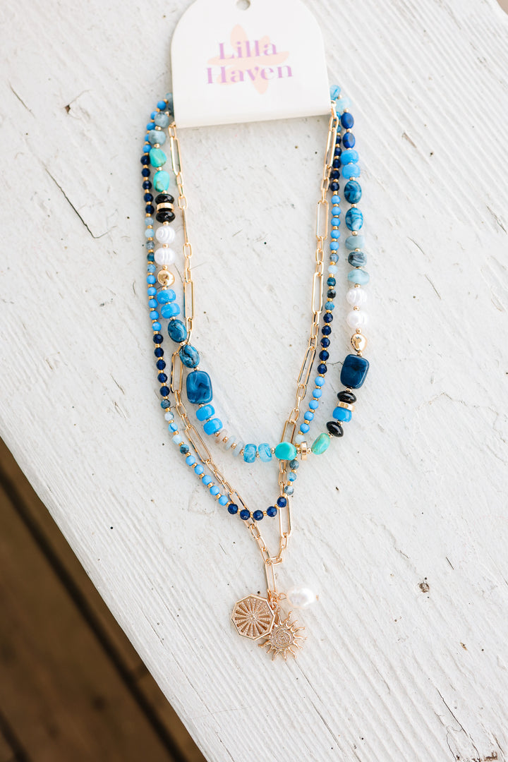 Sun and Pearl Charms Layered Necklace - Blue